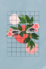 Vertical collage image of human eyes black white gamma wink blink fresh flowers isolated on drawing...