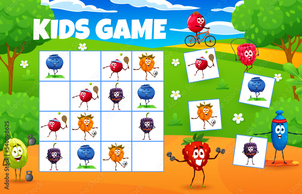 Poster sudoku game of cartoon cheerful berry characters on summer vacation. vector worksheet of kids block 