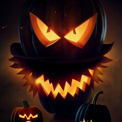Creepy burning Jack-o-lantern pumpkin head. Halloween Glowing fire flame head - 540898650