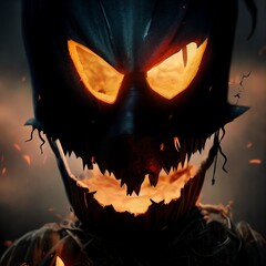 Creepy burning Jack-o-lantern pumpkin head. Halloween Glowing fire flame head