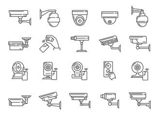 CCTV icons, camera for security surveillance and video control, vector line symbols. CCTV surveillance camera icons of secure guard video monitoring, home safety system, police and private area cam