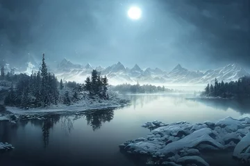 Photo sur Plexiglas Forêt dans le brouillard Winter lake illustration
