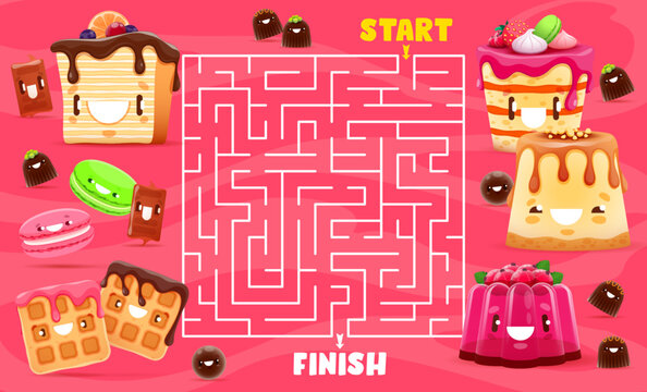 Labyrinth maze. Cartoon sweets, dessert and cake characters. Kids find way riddle, children maze puzzle vector worksheet with cheerful waffle, maracon and chocolate candy, cheesecake, pudding, cookie
