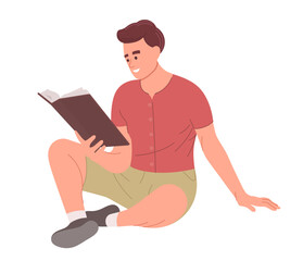 Happy man reading a book sitting on the floor. Education hobby concept. Vector illustration 