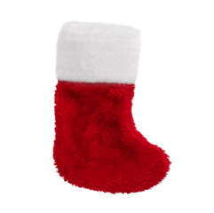 Obraz na płótnie Canvas Fur red Christmas stocking isolated on white background. Christmas sock as design element.