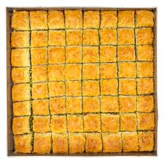 Baklava with pistachio on tray isolated on white background. Turkish cuisine. close up