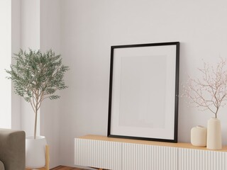 Empty poster wood frame mockup in living room interior with light reflection. 3d rendering, 3d illustration