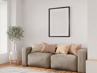 Interior poster mock up with vertical empty wooden frame on wall in living room. 3D rendering.
