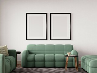 Interior poster mock up with vertical empty wooden frame on wall in living room. 3D rendering.