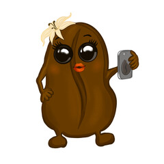 Naklejka premium Funny coffee bean emodji. Hand drawn doodle coffee bean with mobile taking selfie, and decorated with vanilla flower. Design for coffee lovers, T-Shirt, stickers, coffee paper cups, packaging design