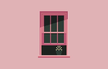Pixel art of window with flowerpots on windowsill, pink wallpaper on the wall. Cozy room interior with houseplants. Background pink theme.