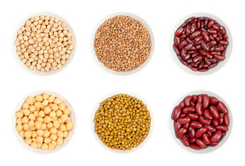 Dried and canned chickpeas, brown lentils and red kidney beans, in white bowls, isolated from above...