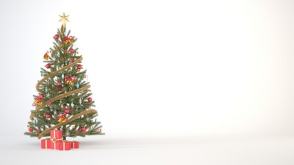 Christmas tree with red and gold ornaments and red gift boxes on a white background with copy space.