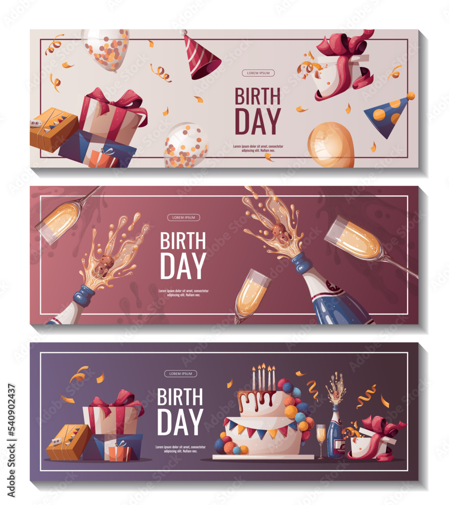 Wall mural Set of Birthday promo sale banners with cake, champagne, cupcake, gifts, caps, confetti. Birthday party, celebration, holiday, event, festive concept. Vector illustration. Banner, flyer, advertising.