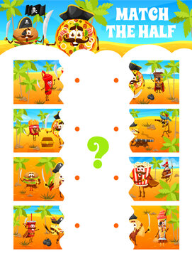 Match the half of cartoon pirates fastfood characters on treasure island, kids game worksheet. Vector quiz with matching of piratess and sailors as pizza, burger, french fries, hot dog and soda drink