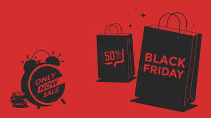 Black Friday Sale banner. Poster in black and red colors with paper shopping bag and alarm clock. Vector