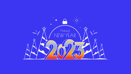 Happy New Year 2023 numbers typography greeting card with xmas decoration . Merry Christmas invitation poster.