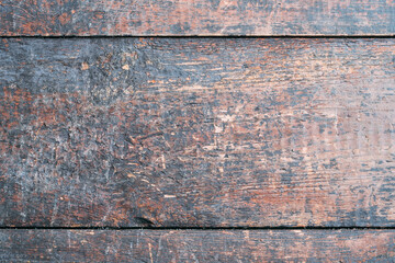 Shabby texture. Aged floor. Wooden background. Grunge brown surface with black dirty cover copy space for text logo.