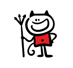 A devil with a tail in red clothes stands with a trident and smiles maliciously.