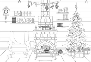 Coloring book for kids and adults in the form of a vector room prepared for the celebration of the new year and Christmas.