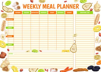 Weekly meal planner. Dried fruits and berries. Diet menu weekly timetable, healthy food daily calendar with dried pear, lemon, rosehip and fig, banana, apple, pineapple and persimmon, kiwi, papaya