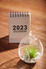 calendar 2023 on wood material table top