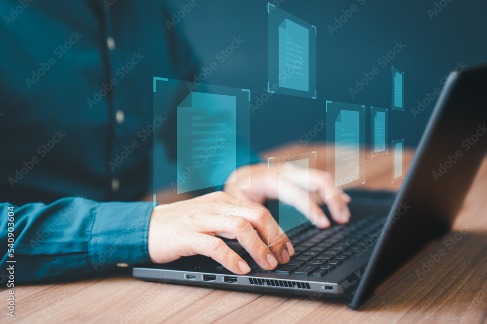 Poster Document Management System (DMS), online documentation database and process automation to efficiently manage files. Corporate business technology. Employee man using a computer laptop in office.