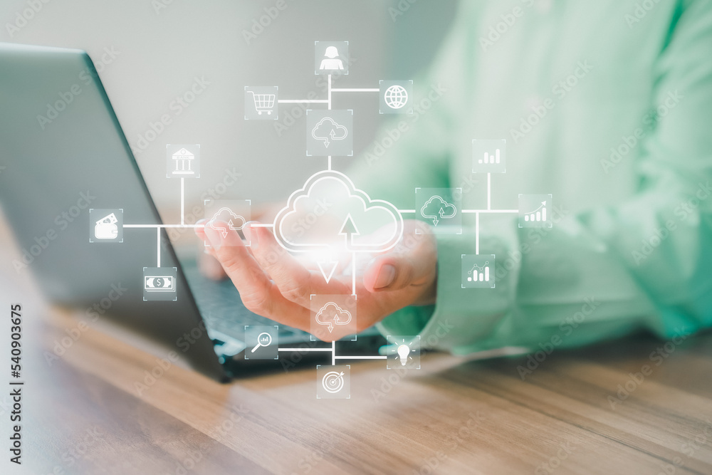 Poster Businessman working at cloud data icon, cloud computing diagram show on hand. Cloud technology. Data storage. Networking and internet service concept.