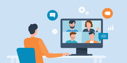 vector  business smart working with online video conference meeting concept and business team  working from anywhere with internet wireless technology.
