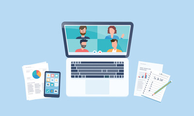 flat vector design smart working on laptop concept business team meeting and connect  from anywhere with online video conference technology concept
