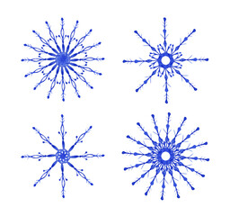 Obraz premium A set of 4 snowflakes are isolated on a white background. Watercolor snowflake clipart. Hand-painted blue Christmas objects. Cute snow art. Snowflakes collection.