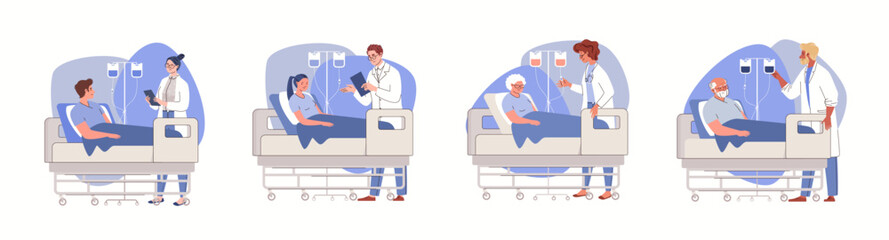 Collection of scenes with doctor and patient on intravenous drip in hospital room. Young and old men and women diagnosed with oncology. Medical procedures, chemotherapy. Vector character illustration.
