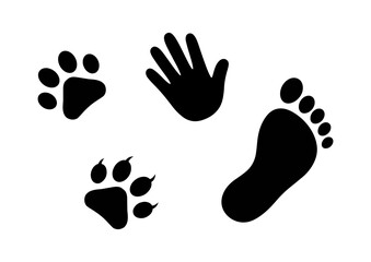 Black and White Cat Dog and Human Handprint and Footprints Icon