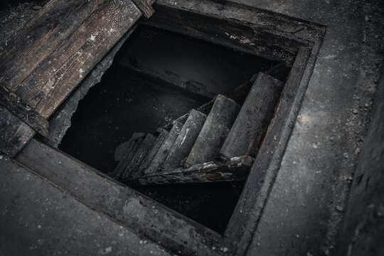 abandoned bomb shelter, descent into a dark shelter.