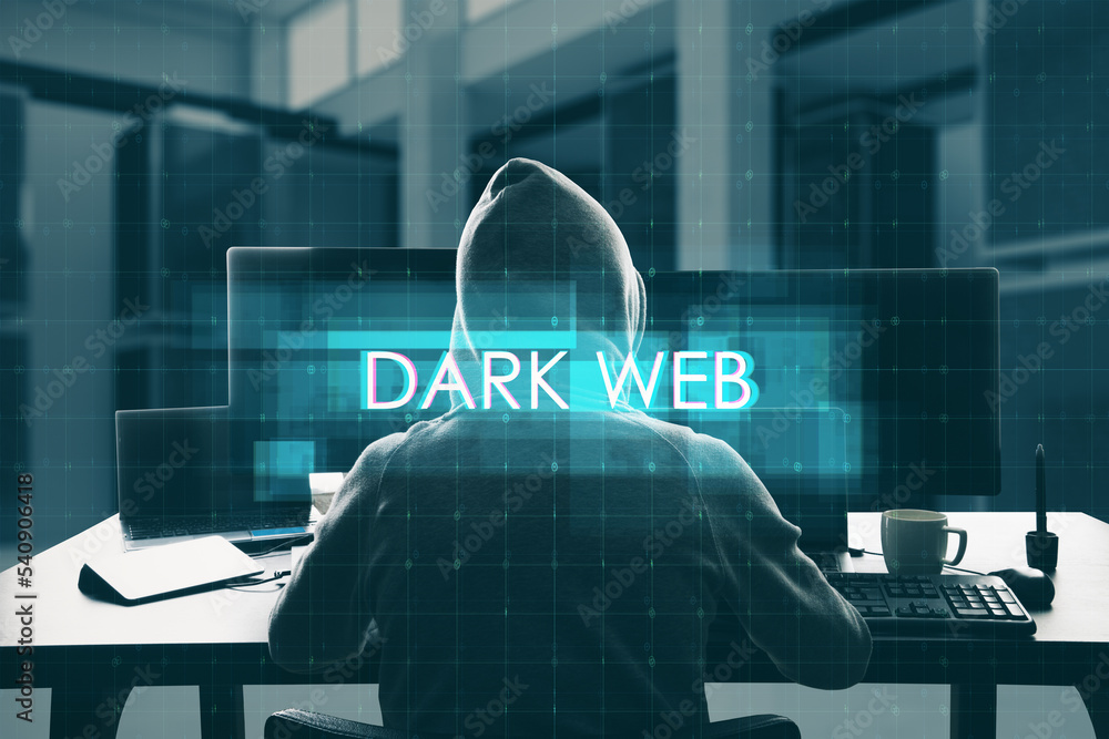 Aufkleber Cybercrime concept with digital dark web sign on hacker in hoodie back view in front of computers in abstract space
