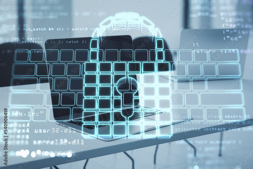 Poster Close up of notebook computer on desktop with abstract glowing secure web keyboard safety and protection hologram on blurry background. Double exposure.