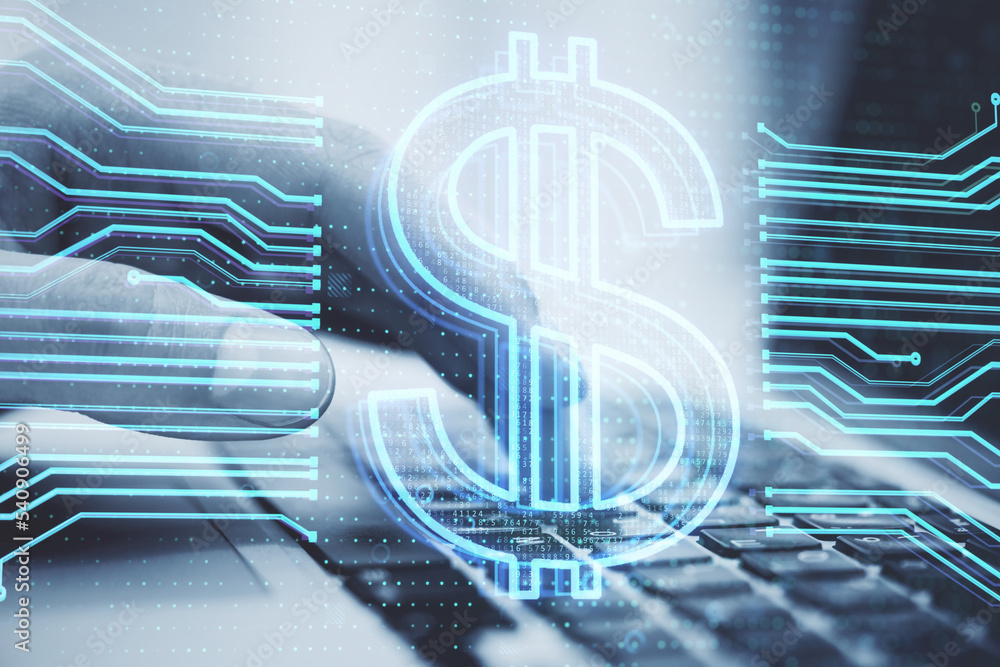 Aufkleber close up of businessman hand using laptop keyboard with glowing dollar hologram on blurry background