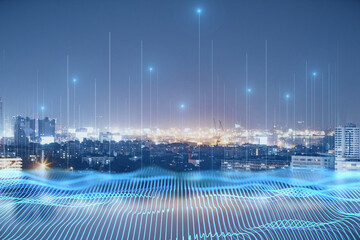 Creative digital night city wallpaper. Connect and abstract smart network concept. Double exposure.