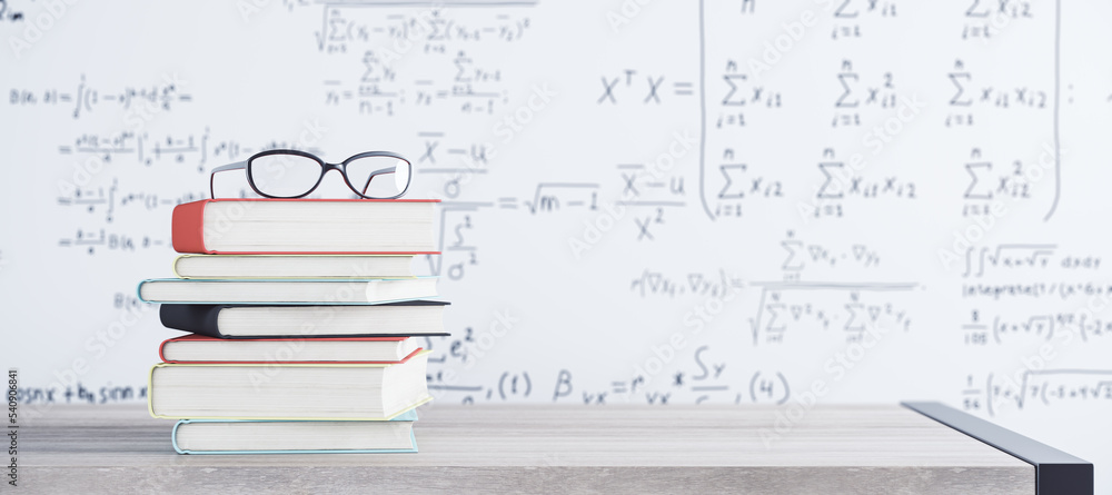 Poster Close up of stacked books and glasses on white mathematical formulas background. School and education concept. 3D Rendering.