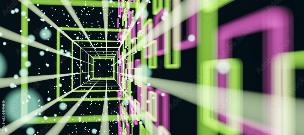 Poster Abstract background with perspective view effect of bright and blurred yellow and pink geometric figures on dark backdrop. 3D rendering