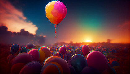 Flying bright Colorful Balloons with confetti, ribbon, serpentine in the blue sky party background.