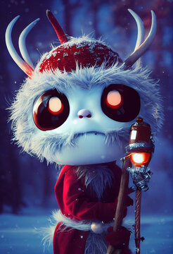 Cute Krampus with big eyes dressed as Santa Claus with lantern, winter character, anime, kawaii, made with artificial intelligence