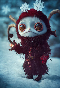 Cute Krampus skull wearing furry clothes on the snow, winter character, anime, kawaii, made with artificial intelligence
