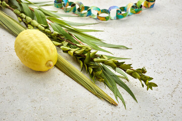 Jewish festival of Sukkot. Traditional symbols Etrog and lulav - citrus and palm. © vetre