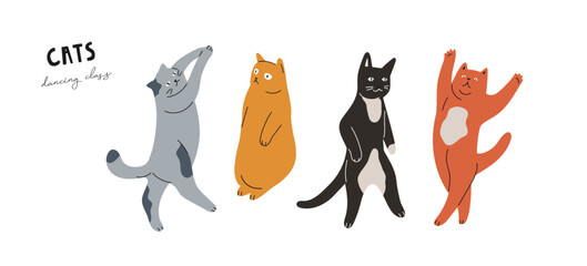 Hand drawn dancing cats isolated on white background. Cute vector illustration. © daqota