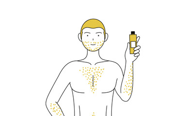 体毛が濃くて悩んでいる男性の線画、除毛クリームを持つポーズ