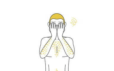 体毛が濃くて悩んでいる男性の線画、両手で顔を隠して落ち込むポーズ