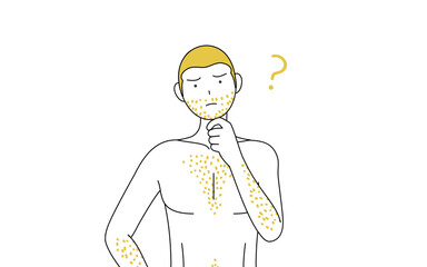 体毛が濃くて悩んでいる男性の線画、首をかしげて疑問に思うポーズ