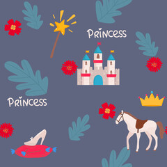 Little princess seamless pattern. Bright pink, gray, cream colors. Illustration of crowns and little hearts