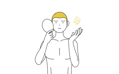 脱毛した男性の線画、鏡を見て落ち込むポーズ